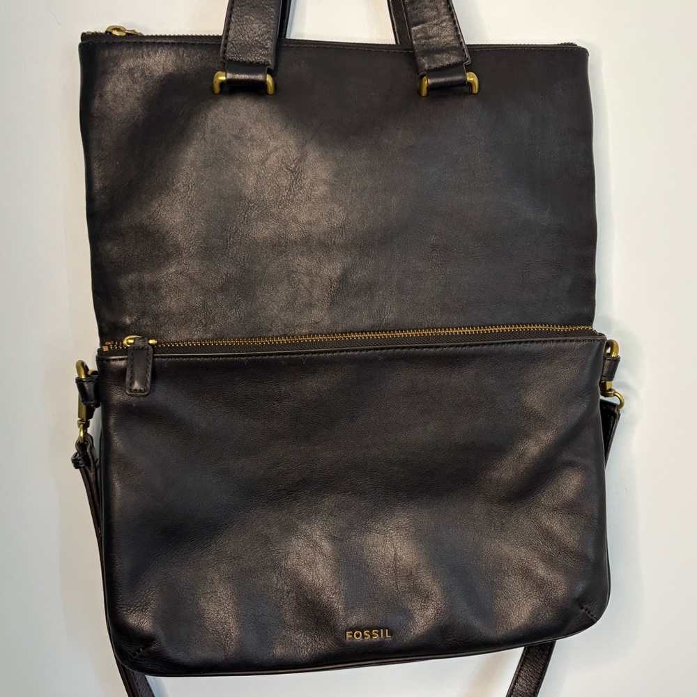 Fossil Black Leather Memoir Anthology Fold Over Tote Crossbody Bag - Picture 4 of 13
